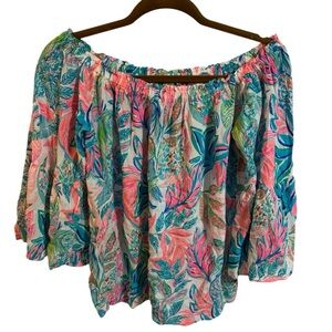 Lily Pulitzer Tropical Blue and Pink off the shoulder top